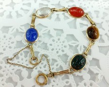 Vintage 60's - 70's Gold Filled Gemstone Scarab Bracelet