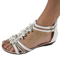 Damen Sandalen Sandaletten Keilabsatz Blumen Glitzer NEU weiß Gr. 37  ST98