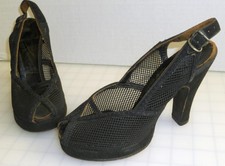 Vtg 1940s Pin-Up Swing Sexy Black Fishnet Mesh/Suede Peeptoe Baby Doll Heels 5