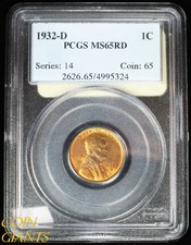 1932-D 1c Lincoln Wheat Cent Pcgs Ms 65 Rd Gem Red Key Date Denver Mint Coin