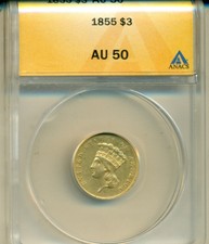 1855 $3.00 Princess Gold Anacs Certified Au-50 Almost Uncirculated
