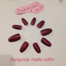 Set Of Hand Painted Burgundy Matte Coffin Or Stiletto  Nails
