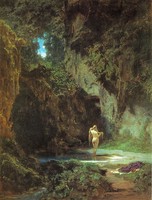 Badende Nymphe Carl Spitzweg Wald Teich Lichtung Akt Rücken Bütten H A3 0526