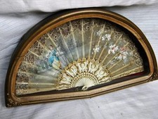 Antique Hand Fan Celluloid Fabric Handpainted Victorian Lady Original Wooden Box