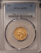 1874 $3 Gold Piece Au 55 Pcgs