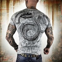 Neues Yakuza Herren Snake T-Shirt - Hellgrau Meliert