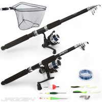 Angelset 2 Ruten 2 Rollen Kescher Angelzubehör Komplett Set Anglerausrüstung