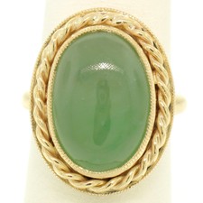 14k Yellow Gold Cabochon Olive Green Nephrite Jade Milgrain & Twisted Wire Ring