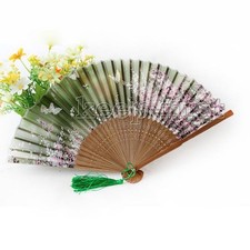 Chinese Bamboo Folding Silk Flower Butterfly Pattern Hand Fan Wedding Green
