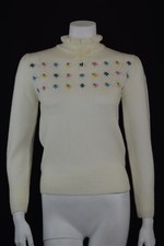 Authentic Vintage 100% Acrylic Creme+Multicolored Flower Sweater Womens X-Small*
