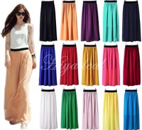 Damen Boho Reiner Chiffon Plissiert Verstellbar Gummibund Rock Lang Maxi Kleid