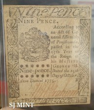 1775 Nine Pence-Colonial Continental Currency- Philadelphia -Au Condition. Rare