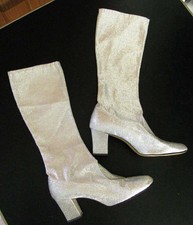 Vintage 1960s Gogo Boots Mod Lurex Silver Metallic Stretch Dancing Heels sz 8