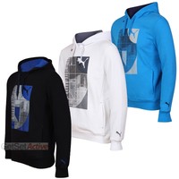 Puma Mens Black White Blue Pullover Fleece Hoodie Gym Hoody Hooded Training Top