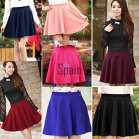 Sexy Womens Stretch High Waist Pleated Skirts Plain Skater Flared Short Dress