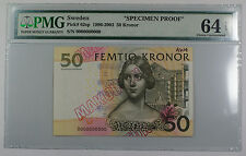 1996-2003 Sweden 50 Kronor Note Pick # 62sp Pmg 64 C Unc "Spec Pf" Details "Aw4"