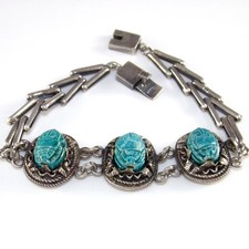 Vintage Sterling Silver Egyptian Scarab Blue Turquoise Bracelet 7"