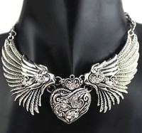 Statement Kette Halskette  Gliederkette Spikekette Kragen Versilbert Strass Herz