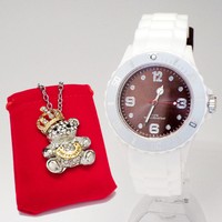 Damen Silikon Uhr Braun + Bären Anhänger mit Krone & Steinchen - Geschenkidee