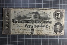 1862 $5 Dollars Confederate States Of America Authentic Currency T-53
