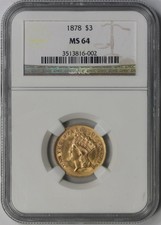 1878 Indian Princess Head Three Dollar Gold Piece $3 Ms 64 Ngc