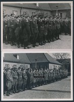 2 Fotos 2.WK Fliegerhorst der Luftwaffe Offiziere in Uniform bei Kriegsausmarsch