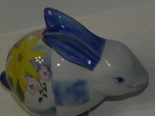 Andrea by Sadek Faience Bunny Rabbit Handpainted Yellow Blue & White Porcelain