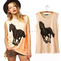 Damen Träger Pferde-aufdruck Baumwolle Freizeit T-shirt Bluse Tank Top