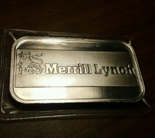Merrill Lynch 1 Oz .999 Fine Proof Silver Art Bar Great Condition Look!