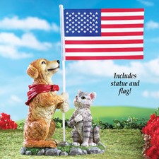 Patriotic Dog Cat American Flag Figurine Garden Yard Statue 4th of July Decor