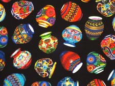 Cotton Fabric-Colorful Pots on Black Print from Benartex--One Yard