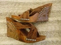 ANDREA MODA Pumps Keilabsatz Größe 37 Echt Holz Leder braun wie NEU