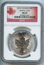 2015 Canadian Maple Leaf $5 Silver Dollar Ms69 Ngc .9999 Certified Coin Cloudy