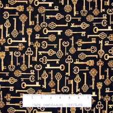 Renaissance Man Fabric - Gold Skeleton Keys Black - Benartex Kanvas Studio YARD