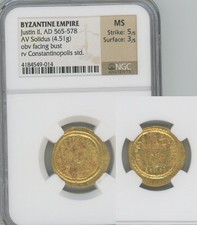 Ancient Byzantine Empire gold solidus Justin Ii Ngc Mint State