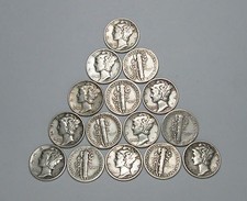 Lot of 15 Mercury Dimes, 90% Silver Coins, $1.50 Face Value