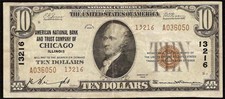 1929 $10 Dollar Bill American National Bank & Tc Of Chicago Illinois Ty2 Note Vf