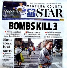 Boston Marathon Bombings Newspaper Ventura County Star 4/16/2013 Bomb Terrorists