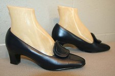 6 B Vtg 50s 60s Navy Blue Leather Air Step Big Buckle Mod Pumps Heel Shoe