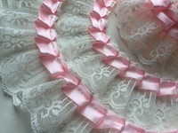 Gerüschte Tüll Spitze,Satinband,Borte,Cremeweiß Rosa,46mm,lfm