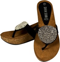 Leder Plateau Zehen Sandale Schwarz Glitzersteine Swarovski Elemente Kork 6 cm 