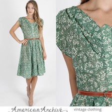 Vintage 50s Sheer Floral Dress Rockabilly Pinup Full Skirt Draped Green Mini M