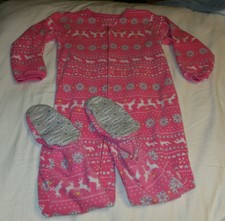 EUC CARTER'S GIRLS SIZE 5T HOT PINK REINDEER ZIP UP FOOTED BLANKET SLEEPER