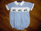 BOYS CARRIAGE BOUTIQUES SMOCKED DUMP TRUCKS BUBBLE ROMPER SIZE 6 MONTHS
