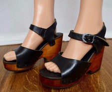 Vtg 1970's Black Leather Wooden Disco PlaTfOrM HiPpiE BoHo Shoes Sandals 7 M