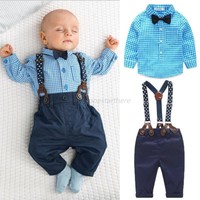  0-24M 2pcs Newborn Baby Boys Overalls Outfit Plaid Shirt+Pants Leggings Set 