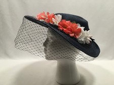 Vintage Ladies Straw Hat with Net Veil and Flower Decoration Blue