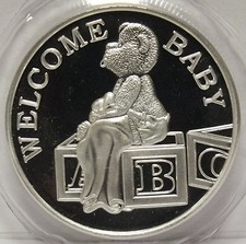 Welcome Baby .999 Silver Art Medal - Bear & Blocks - 1 oz Round bullion - Sab