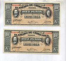 1915 10 Peso Mexico Chihuahua 2 Consecutive Notes Au 8545C