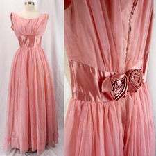 Vintage 50s Pink Chiffon Ruched Bust Long Full Skirt Party Prom Dress Xs